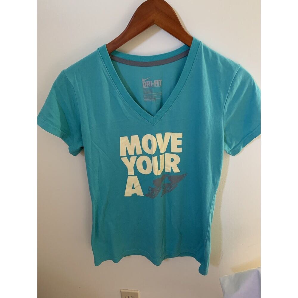 Nike Dri Fit Womens Medium Short Sleeve Slim Fit T Shirt Move Your Ass Run Blue